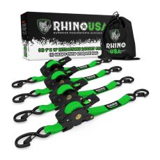 Rhino USA Retractable Ratchet Straps 1" x 10', Green 4 Pack